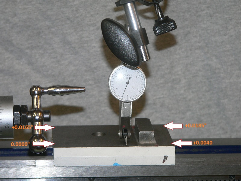 Results of measurements showing eighteen thousands across opposite corners of the tailstock base
